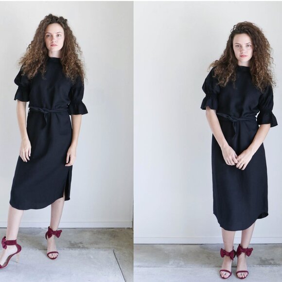 ❤️ A PIECE APART YERBA SANTA DRESS BLACK LINEN PUFF SLEEVES BOHEMIAN HIGH NECK - Picture 1 of 16